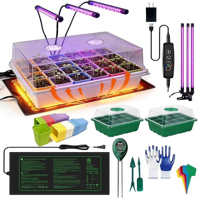 Self-Watering Seed Starter Tray with Grow Light and Heat Mat,Seed Starter Kit,Humidity Domes,Auto Timer,Flexible Brightness Seedling Starter Trays for Indoor Greenhouse Gardening Seed Germinator