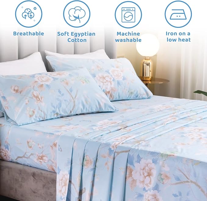QSH 100% Egyptian Cotton Sheets Full Size Set, Blue Bird Plant Pattern Botanical Luxury Cotton Printed Bedding Floral Full Bed Sheets Extra Soft and Breathable 4pcs Deep Pockets Sheets