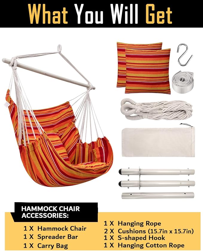 ADVOKAIR Hammock Chair Hanging Chair Swing Large Indoor with Anti-Slip Steel Spread Bar and Pocket-Max 500lbs-2 Cushions, Perfect for Bedroom,Outdoor,Patio, Porch,Backyard