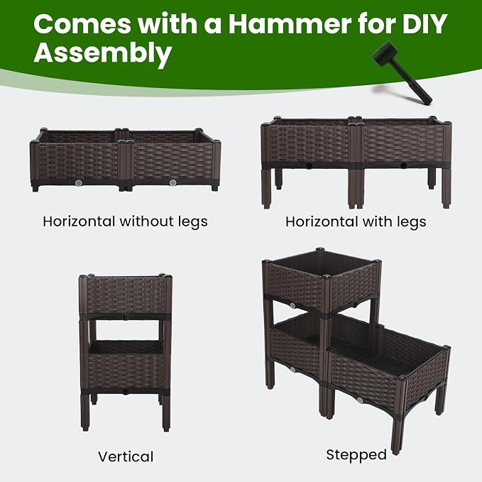 4Pcs Plastic Raised Garden Bed,62.4"×15.6"×14.4" Elevated Wicker Planter Box with Self-Watering System, Plants Garden Boxes with Legs for Growing Fresh Vegetables,Fruit,Flowers and Herbs