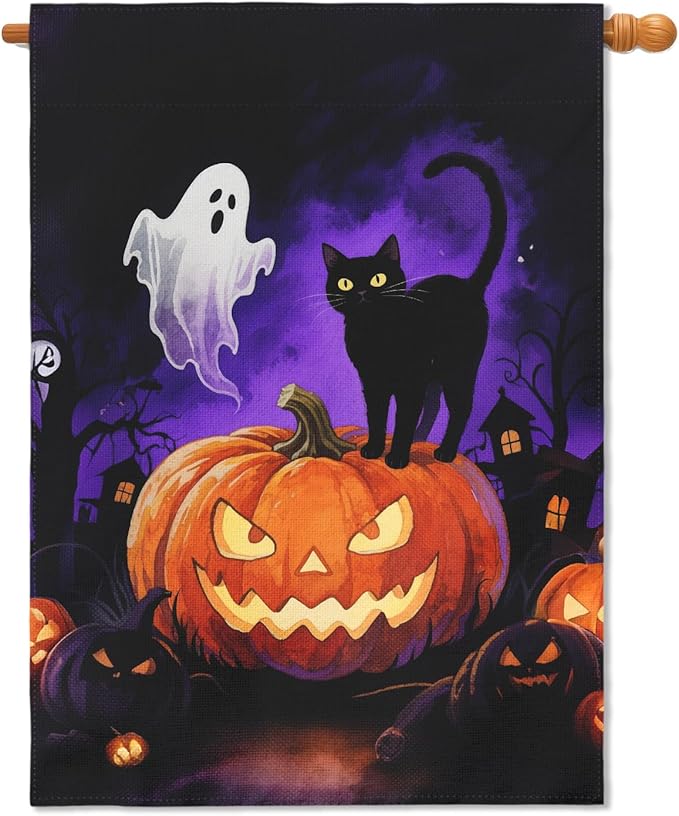 Halloween Pumpkin Ghost Black Cat House Flag 28x40 Inch Tree House Shadow Spooky Scary Holiday Decorative Garden Flags for Outside Double Sided Outdoor Home Farmhouse Decoration Yard Porch Decor