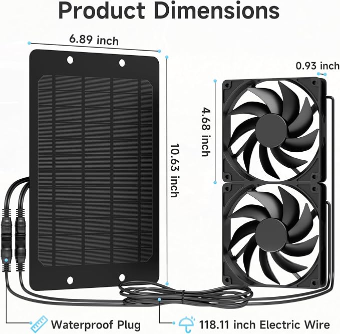 Solar Powered Fan for Outside, IP65 Waterproof Auto On/Off Solar Exhaust Fan Kit wtih 10 Ft Cable for Chicken Coop, Shed, Greenhouse, Pet House Ventilation Accessories