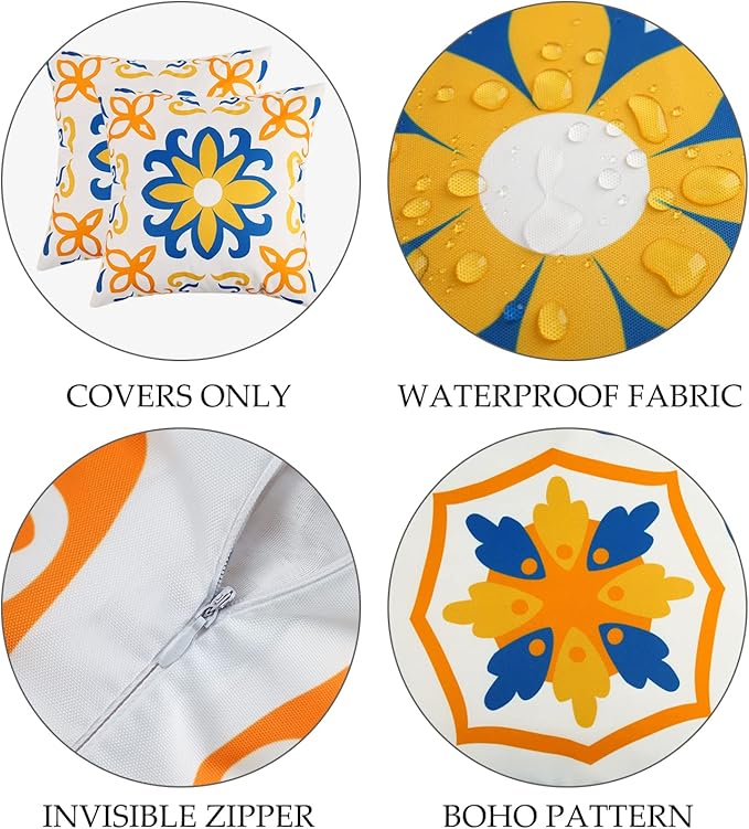 Outdoor Waterproof Throw Pillow Covers Set of 4 Floral Printed and Boho Farmhouse Outdoor Pillow Covers for Patio Funiture Garden 18x18 Inch Yellow