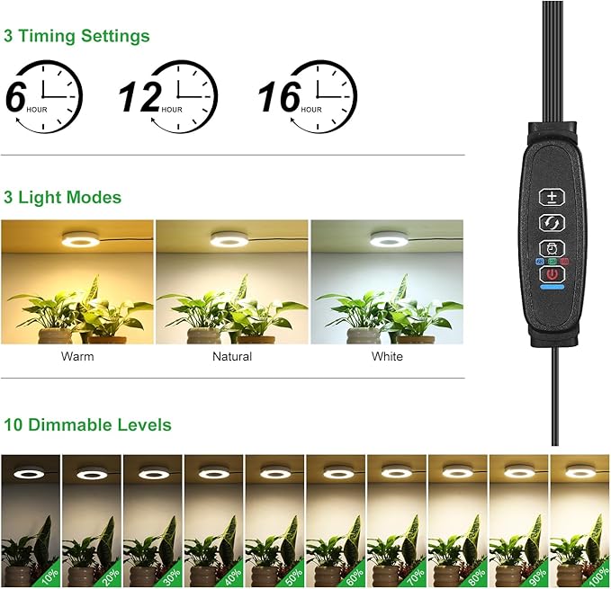 LED Plant Growth Lights for Indoor Plants, Warm+White Full Spectrum 3.54" Grow Lamps for Plant Growth with 6/12/16H Timer, 3 Spectral Modes, 10 Dimmable Levels, Halo Angel Ring White (4 Head)