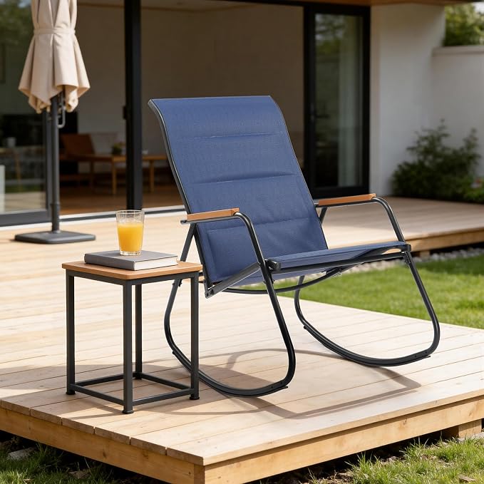 VINGLI Outdoor Rocking Chair, 450lbs Capacity Portable Outdoor Rocker with Footrest, Hard Armrests, Pillow, All Weather Porch Rocker for Garden, Living Room, Patio, Lawn (Blue, Without footrest)