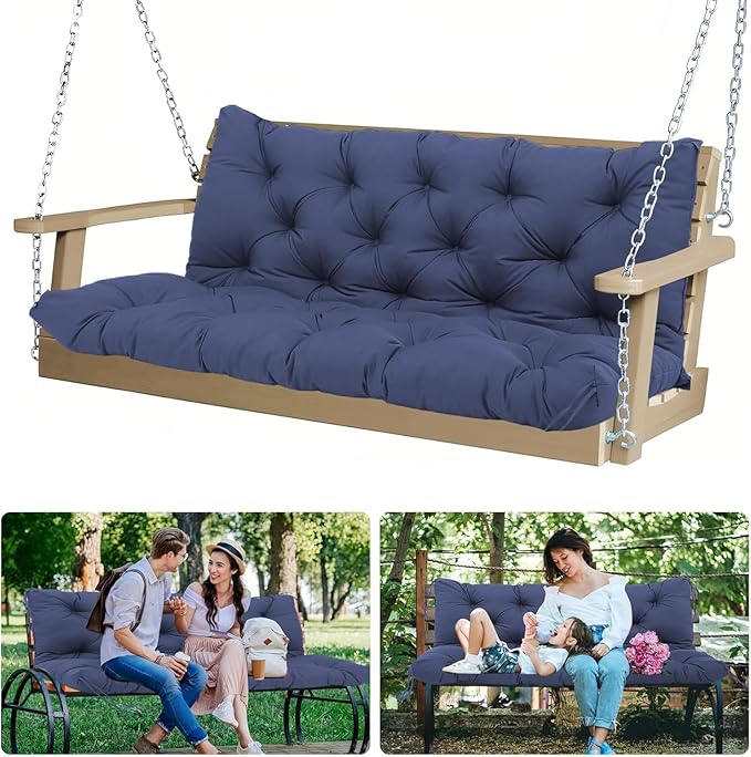 5 Inch Thick Waterproof Patio Porch Swing Cushions, 60x40 Inch 3 Seater Replacement Cushion with Backrest & 8 Ties, Fade-Resistant Outdoor Bench Swing Pad, Navy Blue