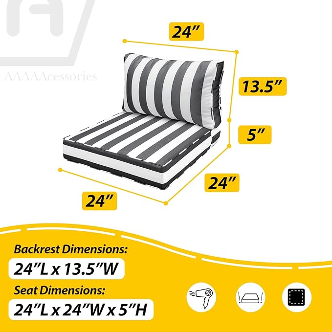AAAAAcessories Outdoor Seat Cushions for Chairs, Fade-Resistant, Waterproof Patio Furniture Replacement Cushions, 24" x 24" x 5" + 24" x 13.5", Gray Cabana Stripe