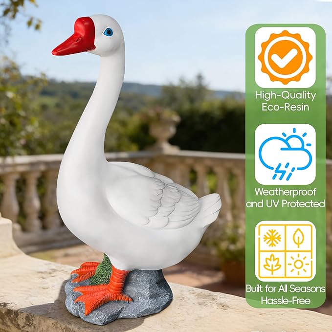 Porch Goose Statue - 19.5" Garden Resin Goose Decorative Figurine Duck Sculpture for Outdoor Indoor Patio Lawn Decor Gift for Women Mom