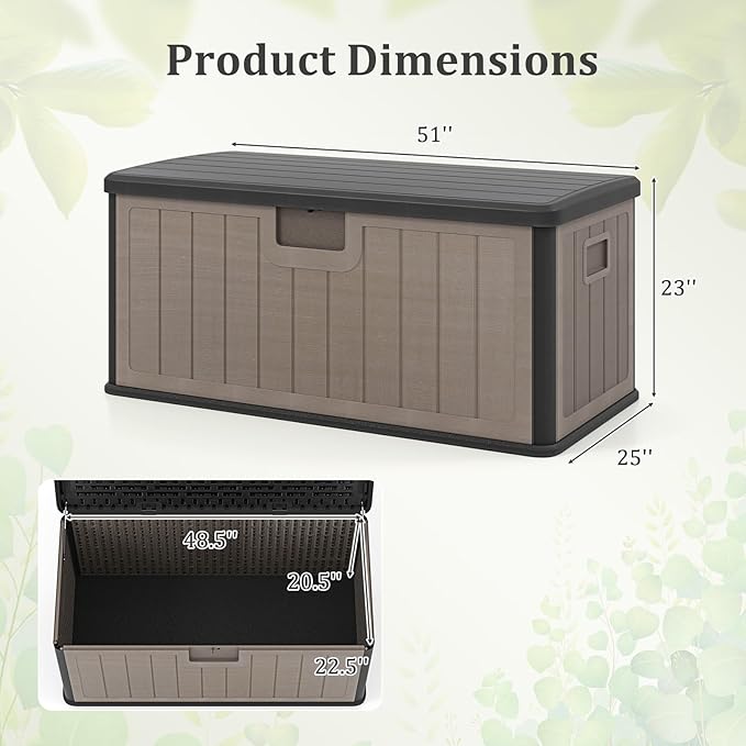Tangkula 100 Gallon Outdoor Storage Box, Resin Outdoor Storage Bench with Lockable Lid, Waterproof Deck Box for Garden Tools, Pool Accessories, Cushions (100 Gallon,Black+Brown)