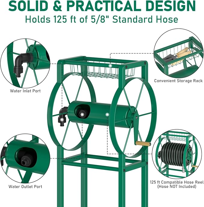 Garden Hose Reel Stand with Storage Rack - 125ft 5/8" Water Hose Organizer Holder, 4 Ground Spikes & Hooks, Universal Water Hose Adapter, Detachable Metal Frame, Green
