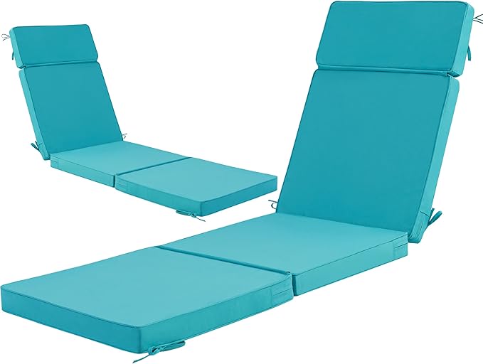 72 x 21 Inch Outdoor Chaise Lounge Cushions Set of 2 - Removable Cover, 4-Section Design, Water-Repellent & Fade-Resistant, 6 Tie Straps, Replacement for Patio & Pool Chairs - Teal