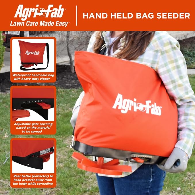 Agri-Fab Handheld Bag Seeder Spreader, 25 lb Capacity with Waterproof Zipper Bag, Adjustable Shoulder Strap & Rear Baffle, Orange