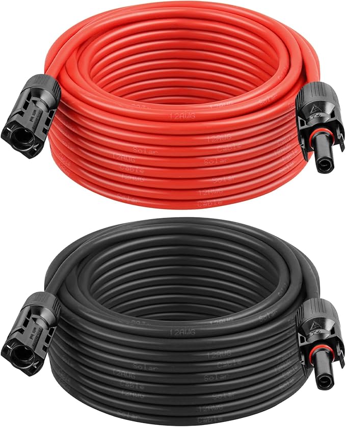 MOOKEERF Solar Panel Extension Cable - 12AWG 50FT Solar Wire with Female & Male Waterproof Connector PV Wire for RV, Photovoltaic Systems, Home, Boat, Solar Panels, Car(50FT Red + 50FT Black)