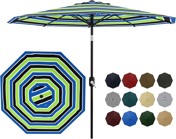 Garvee 9 ft Patio Umbrella - 8 Sturdy Ribs Outdoor Table Umbrella with Crank Lift & Push Button Tilt - Market Umbrella for Pool, Deck, Yard, Garden - Tricolor Stripe