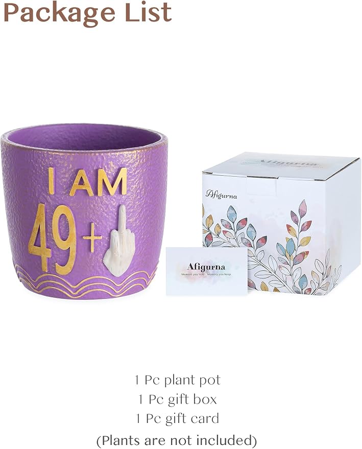 50th Birthday Gifts for Women: Funny 49 + Middle Finger Hand-Painted Planter Present for Turning Fifty - Hilarious 50th Birthday Gifts for Friend Mom - Happy 50th Birthday Decorations