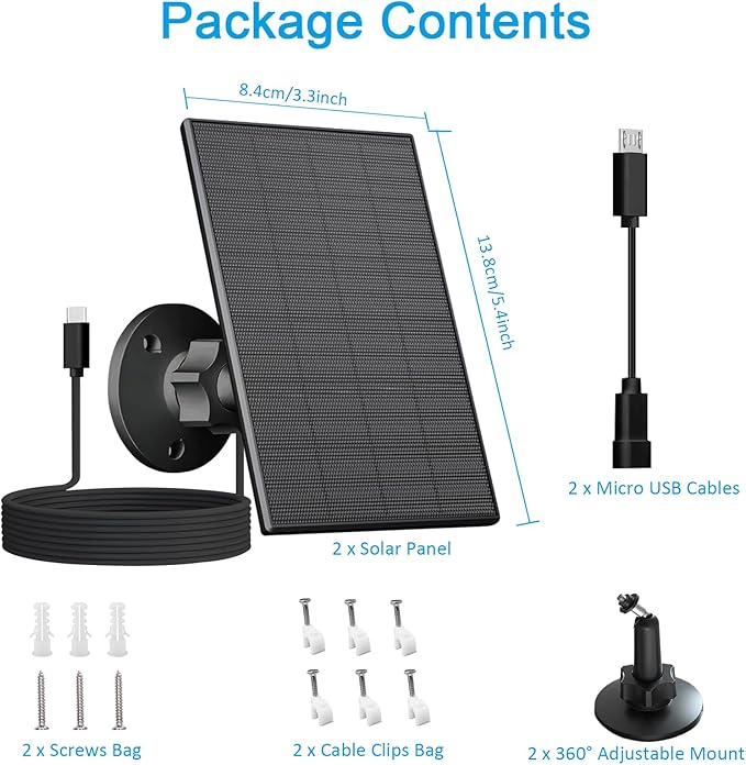 FUTUREZEN 2W Solar Panel for Security Camera Outdoor, 5V USB/Type-C Solar Charger Compatible with Rechargeable Battery Cameras, IP65 Waterproof, 360° Adjustable Mount, 7.2ft Cable (2 Pack, Black)
