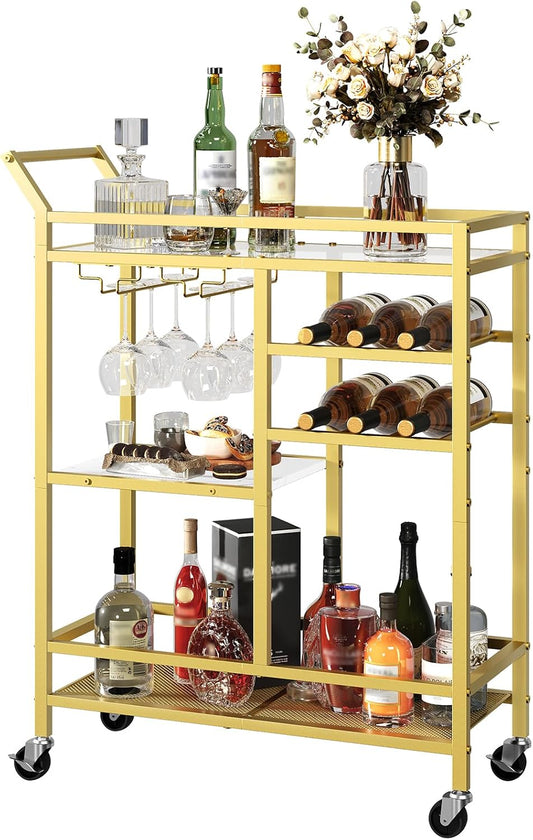 Bar Cart for Home, 3-Tier Serving Cart with Glass Top, Beverage Cart with Wine Rack and Glass Holder, Drink Cart with Wheels, for Dining Room, Living Room, Gold and White RCJM71B01
