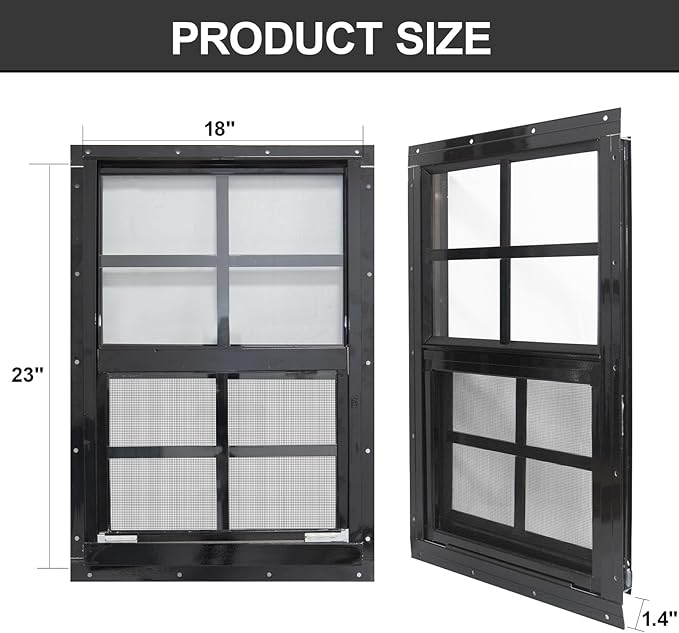 Yuzzy 18" x 23" Shed Windows with Tempered Glass and Fiberglass Screen, 2 Pack Small Sliding Windows for Shed, Chicken Coop, Playhouse, Household, Garage, Barns (Black)