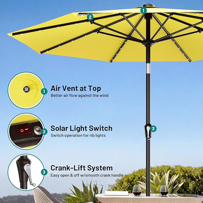 AreShark 9FT Patio Umbrella with Solar Lights, 32 Lighted Pool Umbrella w/Tilt and Crank, Outdoor Market Solar Umbrellas for Garden, Deck, Backyard, Pool and Beach, Yellow