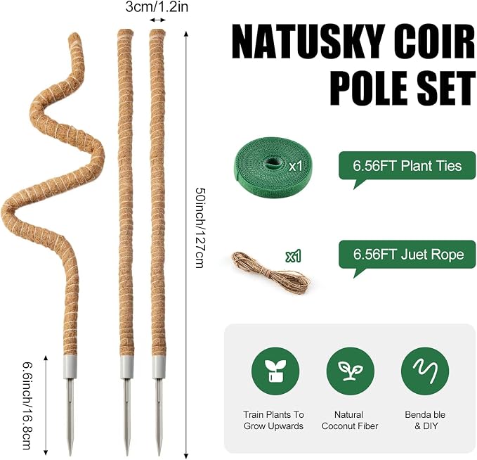 3 Pack Moss Pole, 50 Inch Moss Poles for Climbing Plants Stakes Indoor Monstera Support Tall Large Bendable Long Coco Coir DIY for Potted Plants, Pothos, Philodendron