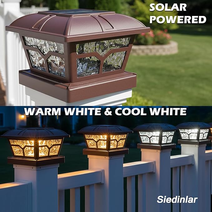 SIEDiNLAR Solar Post Cap Lights Outdoor 2 Color Modes 8 LEDs for 4x4 5x5 6x6 Posts Fence Deck Patio Decoration Warm White & Cool White Lighting Brown (6 Pack)