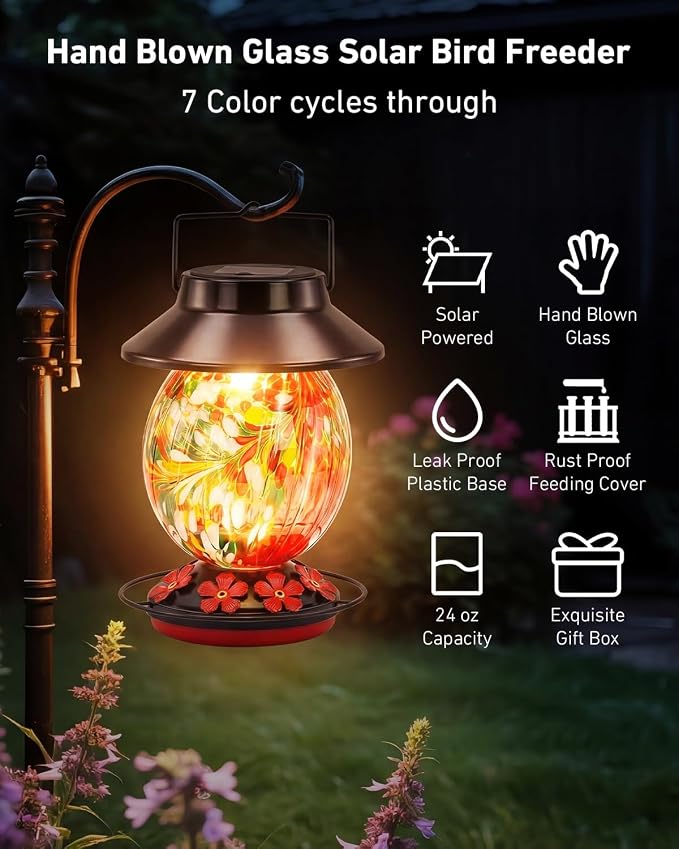 Solar Hummingbird Feeder for Outdoors 24oz Solar Powered Hummingbird Feeder Hand Blown Glass 7 Color Changing for Outdoors Garden Hanging Water-Proof Leak Proof Wild Bird Feeders Gifts for Women Mom