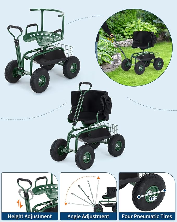 Rolling Garden Work Seat with Wheels, 360° Swivel Seat Gardening Cart with Extendable Steering Handle, Tool Tray and Storage Basket, 300 lbs Capacity, Gardening Stools for Patio, Yard, and Outdoors