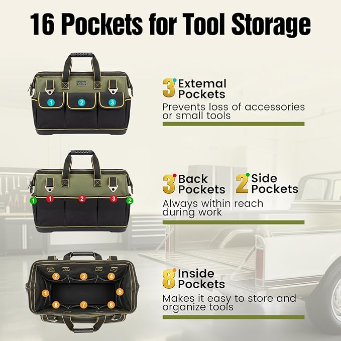 Tool Bag, Ounic 20 Inch Large Tool Tote Bag Heavy Duty With Waterproof Molded Base, Wide Mouth Tool Box Organizer with Adjustable Shoulder Strap for Electrician Mechanic Craftsman Plumbers(Green)