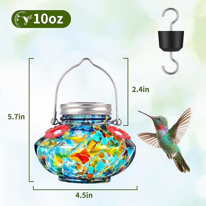 BOLITE Hummingbird Feeders for Outdoors, Hand Blown Top Fill Hummingbird Feeder, Mason Jar with 4 Flower Feed Ports, Easy to Clean, Leak Proof, Bee Proof, Ant Moat, Red&Blue, Gift for Bird Lovers