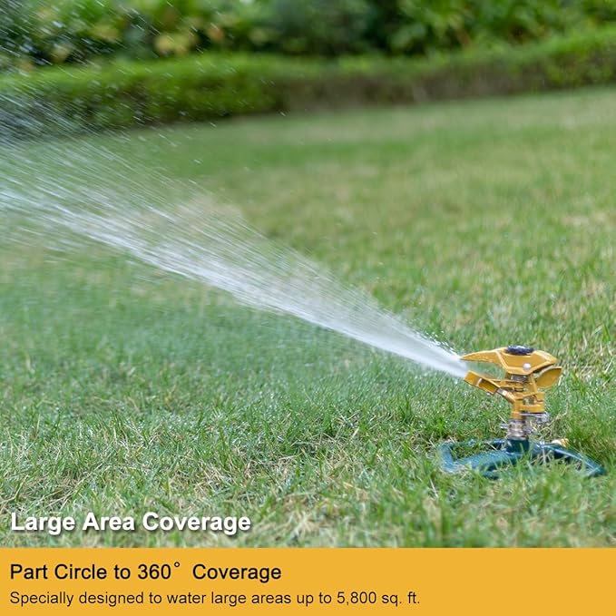 FANHAO Heavy Duty Pulsating Impact Lawn Sprinkler with Metal Base, 100% Metal 360°Adjustable Circular Zinc Impulse Sprinkler for Large Area Lawn & Yard Irrigation, Covers Up to 5800 sq. Ft