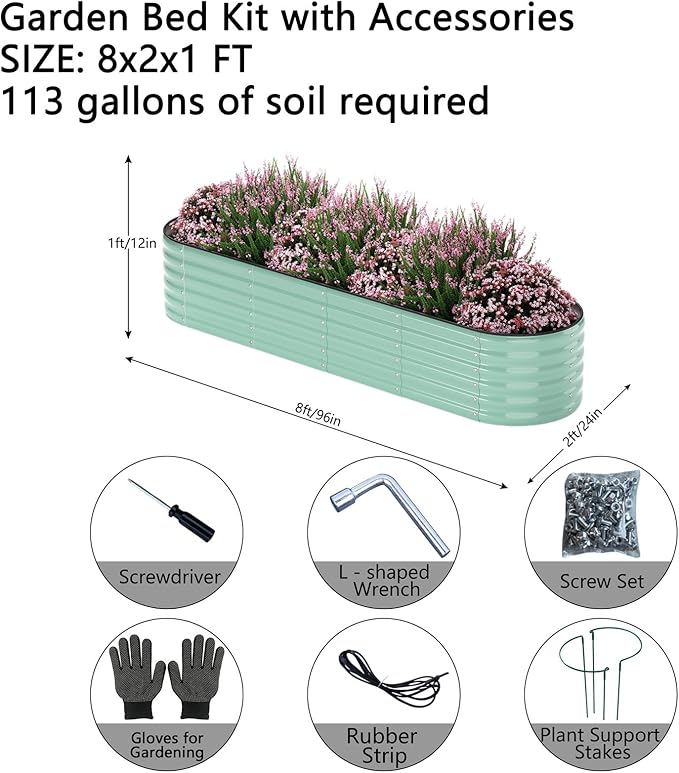 ZFHgarden Garden Box Raised Flower Bed Galvanized Metal Planter Round Raised Garden Bed Kit for Gardening Outdoor 1PC Green 8X2X1FT