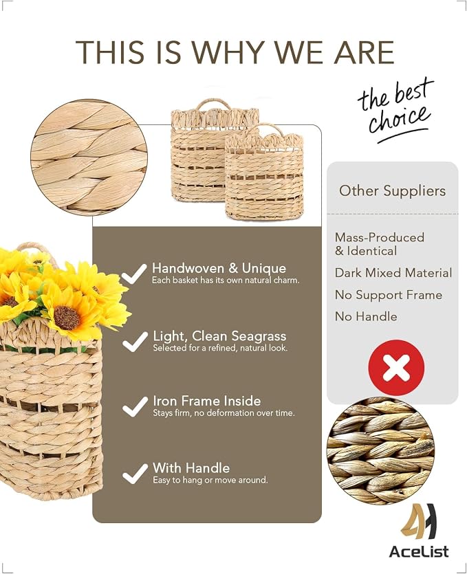 AceList Handwoven Wall Hanging Basket for Front Door, Kitchen, Entryway or Porch – Rustic Decorative Storage Basket for Seasonal Flowers and Gifts
