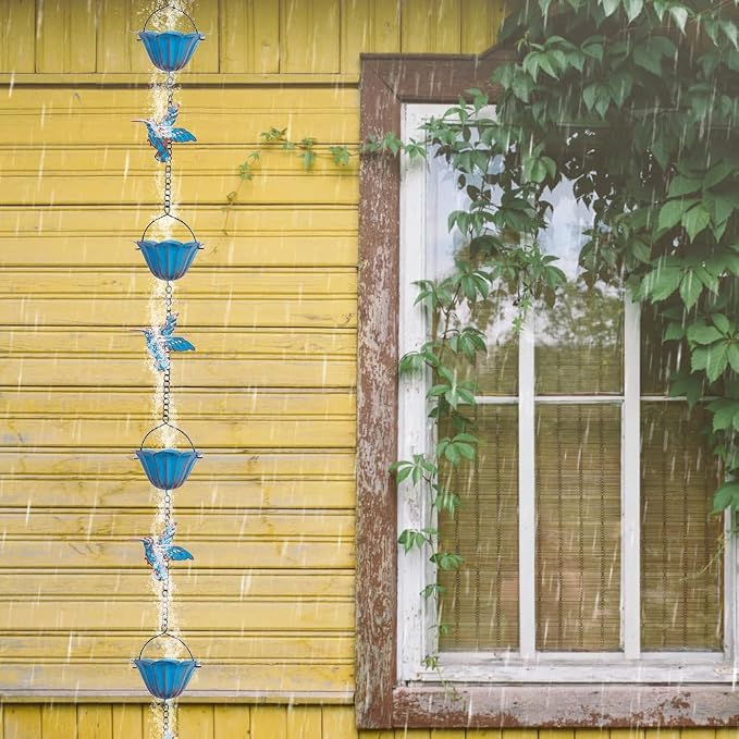 13.4FT Rain Chain, Hummingbird Rain Chains for Outside, Copper Rain Chain Bell with 12 Cups, Decorative Rain Catcher Chain Replacement Downspout for Gutters