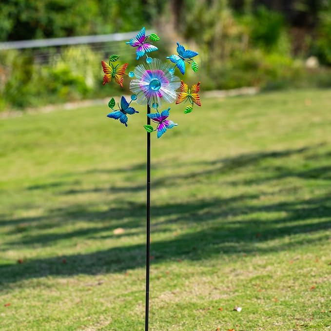 44" Butterfly Wind Spinners Garden Whirligigs, Solar Flower Butterfly Wind Sculpture Yard Art Decorations for Lawn, Patio & Yard & Garden Decor, Metal Wind Spinners Outdoor Decor