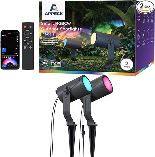 APPECK Outdoor Spot Light 600lm, Smart Landscape Lighting Kit 2 Pack, RGBCW Color Changing Low Voltage Landscape Lights, IP65 Waterproof, App/Voice/Remote Control, for Garden Pathway Yard Decor