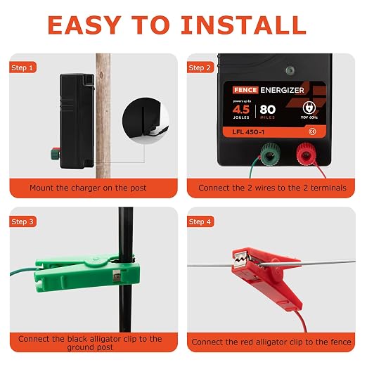 Electric Fence Charger AC Powered 80 Miles 250 Acres, 110 Volt 4.5 Joule Plug-in Electric Fence Energizer, Output Voltage Max 10 kV for Livestock, Preventing Predators from Intruding
