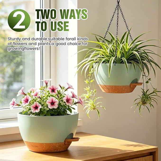 10 Inch Self Watering Hanging Planters, 3 Pack Plastic Plant Pots | Sturdy lightweight pot with side watering lip, drainage holes, snap-on detachable tray & hanging chain for easy care