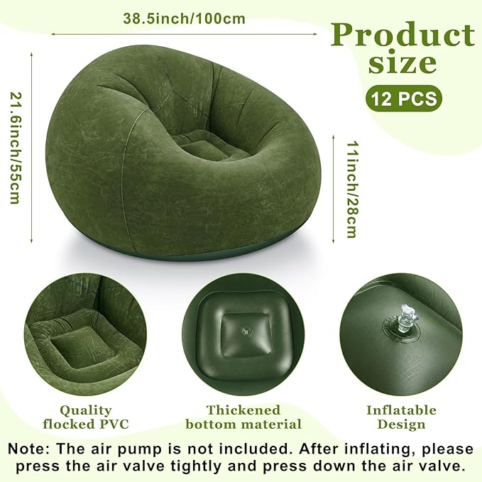 Realspring Inflatable Bean Bag Chairs Outdoor Blow up Camping Chairs Inflatable Lazy Sofa Folding Portable Bean Bag Loungers Couch for Movie Night(Dark Green,12 Pcs)
