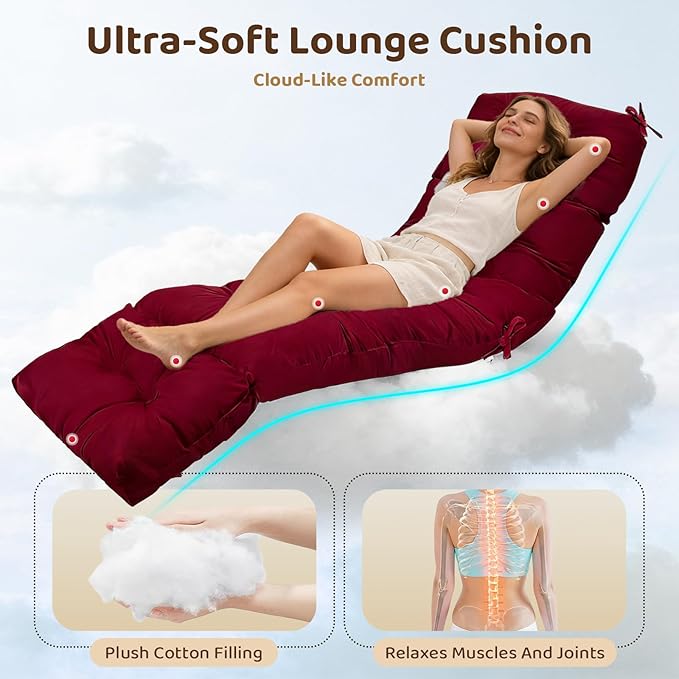 Waterproof Outdoor Lounge Chair Cushions 74.8 x 22 x 4.7 Inches，Chaise Lounge Chair Cushions Replacement for Outdoor Furniture with Ties, Thickened Patio Pool Bench Lounge Chair Cushions