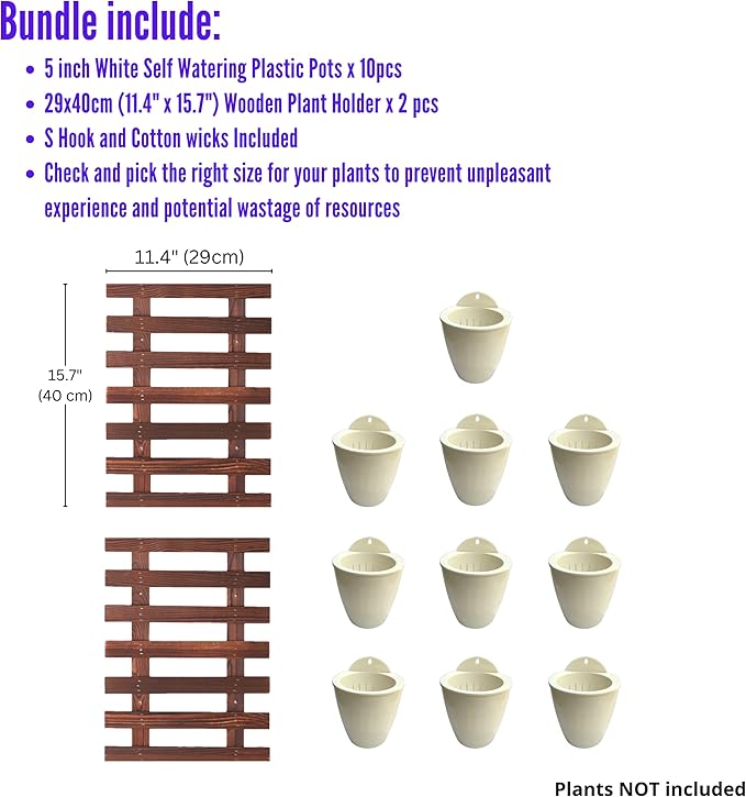 LalaGreen Bundle - 5" Pot + 2 Wooden Plant Holder, White Self Watering Pot, Wall Hanging Planters for Indoor and outdoor,Wall Mount Air Plants Succulent Holder Hanger,Vertical Garden Plant Stand Decor