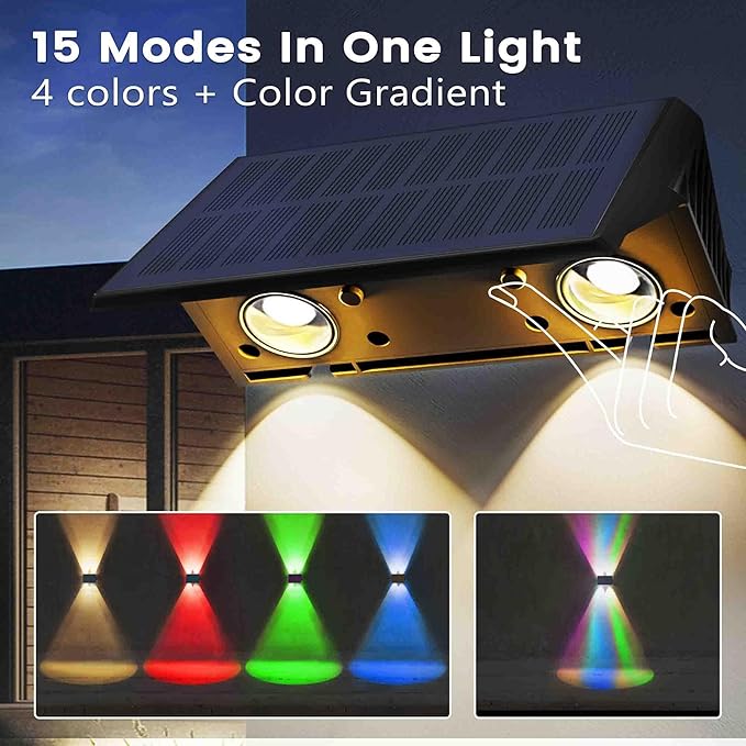 Fence Lights Solar Powered, 4-Pack Solar Fence Lights Up/Down Flexible Buttons, IP67 Waterproof for Outdoor, 100LM Bright, Auto Dusk to Dawn for Wall/Stairs/Yard/Railing/Deck/Pathway (White & RGB)