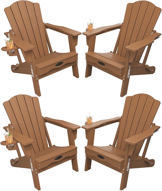 THOEOE Folding Adirondack Chair Set of 4, HDPE All-Weather Outdoor Chair with Cup Holder, Wooden Textured, Fire Pit Chair, Plastic Patio Chair for Deck, Backyard, Garden, Lawn