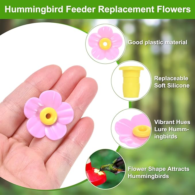 M METERXITY 32-Pack Hummingbird Feeder Replacement Flowers, Plastic Pet Hummingbird Feeding Parts Feeding Ports for Outdoor Hanging Feeders, Bees Guards [Rose Pink, Yellow]