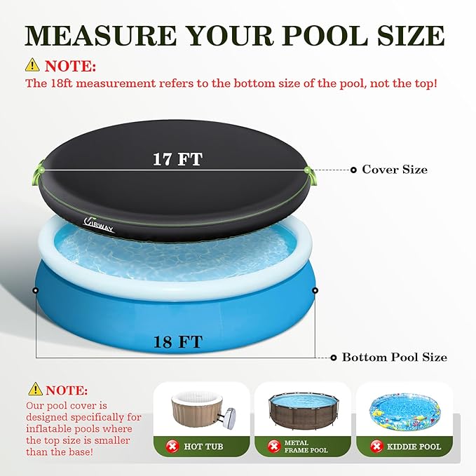 UIRWAY 18FT Round Pool Cover, Inflatable Pool Covers for Above Ground Pools with Elastic Cord - Snug Fit & Easy Installation, Outdoor Swimming Pool Cover with 2 Reflective Strip Handles, Black
