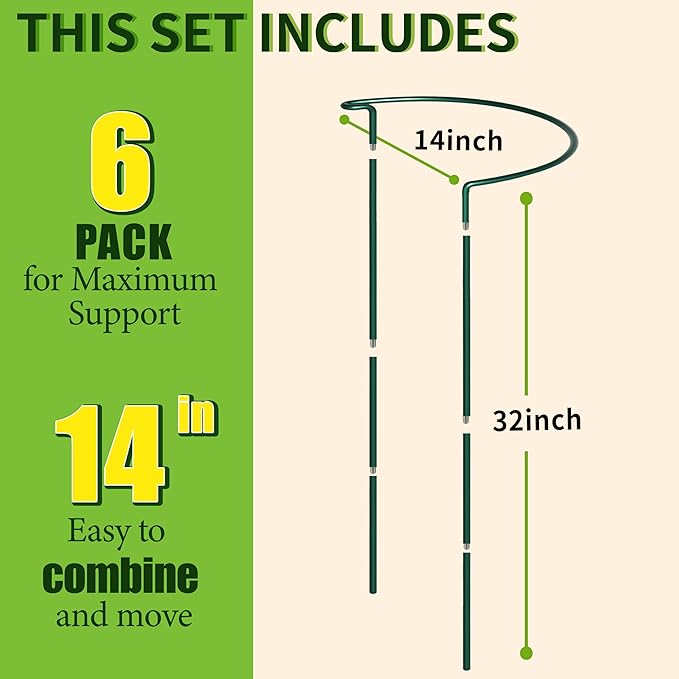 6-Pack Garden Plant Support Cages,14"Diax32"H Heavy Duty Interlinked Half Round Peony Support Rings,Metal Plant Support Stakes for Peony,Tomato,Hydrangea,Rose,Indoor & Outdoor Garden Plant Supports