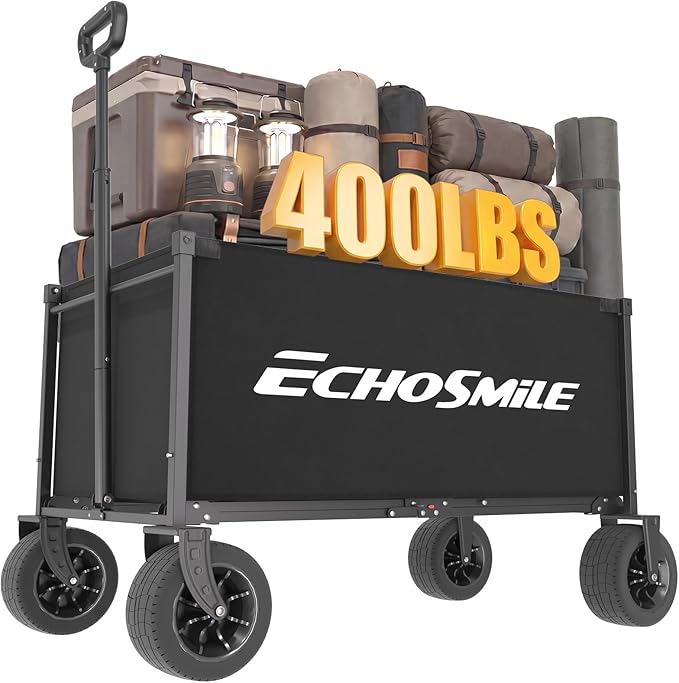 EchoSmile Collapsible Wagon Cart for Camping & Beach - Heavy Duty 400lbs Capacity All-Terrain Cart with Wide Wheels, Portable Folding Utility Wagon for Grocery, Garden, Sports,Black