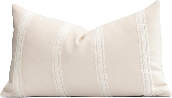 Crumbs Home Modern Farmhouse Fall Linen Indoor Outdoor Lumbar Pillow Cover Only, 12"x20" Water Repellent for Patio, Backyard, Couch, Neutral Beige Embroidered Stripes