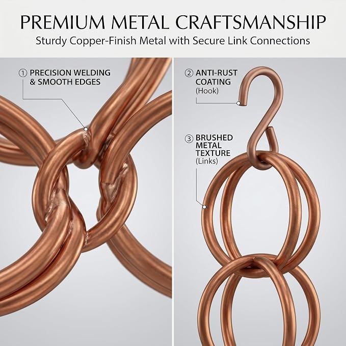 Topadorn 7.7FT Copper Double Ring Rain Chain, Modern Decorative Metal Downspout Replacement, Adjustable Outdoor Water Diverter for Garden, Patio & Porch