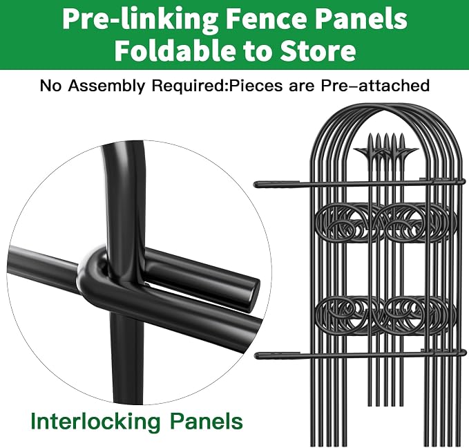8 Panels 32in(H)×10ft(L) Decorative Garden Fences + Double Shepherds Hooks for Outdoor 76Inch 2 Pack