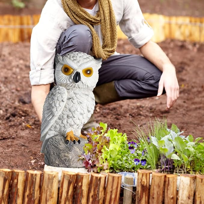 1 KINGO Fake Owl Decoy with LED Eyes & Ultrasonic Deterrent, Scarecrow Owl Decoys to Scare Birds Away, Bird Deterrents for Outside, Solar Powered Bird Repellent Devices Outdoor, Resin Garden Statues